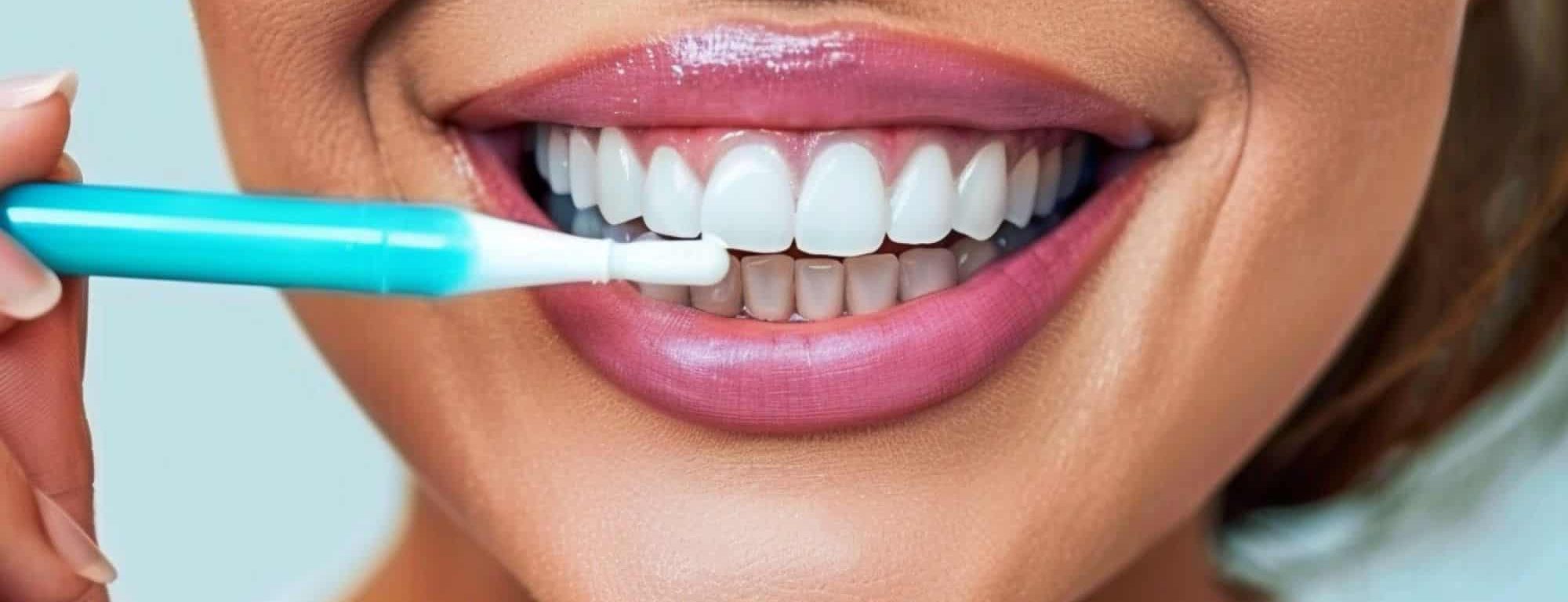a woman is smiling and holding a teeth-whitening pen